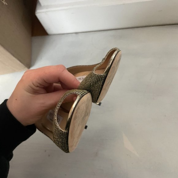 Jimmy Choo Peep Toe Pumps Sz 36.5 Gold Glitter High Stiletto Heels - Picture 11 of 11